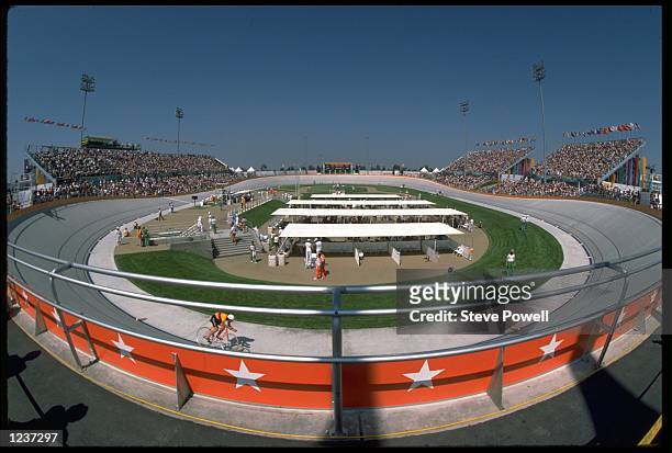 A GENERAL VIEW OF THE VELODROME USED FOR THE CYCLING EVENTS AT THE 1984 LOS ANGELES OLYMPICS.