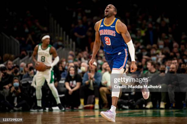 Andre Iguodala of the Golden State Warriors reacts during the second half against the Boston Celtics at TD Garden on December 17, 2021 in Boston,...