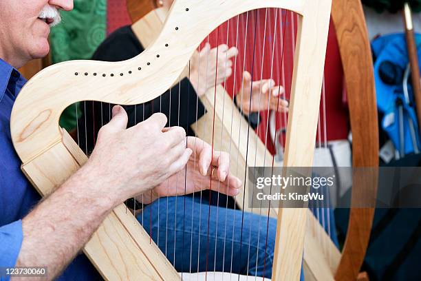 playing celtic harp - irish culture stock pictures, royalty-free photos & images