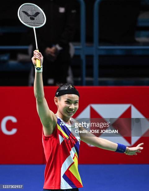 Taiwan's Tai Tzu Ying celebrates at the end of the women's singles semi-final badminton match of the BWF World Championships in Huelva, on December...