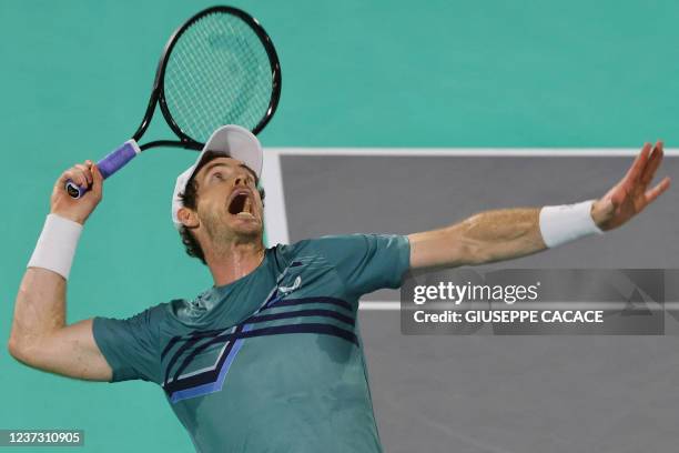 Britain's Andy Murray serves the ball to Russia's Andrey Rublev during the final match of the Mubadala World Tennis Championship in the Gulf emirate...