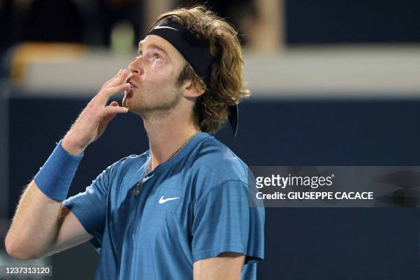 Russia's Andrey Rublev reacts after the final match of the Mubadala World Tennis Championship in the Gulf emirate of Abu Dhabi on December 18, 2021.
