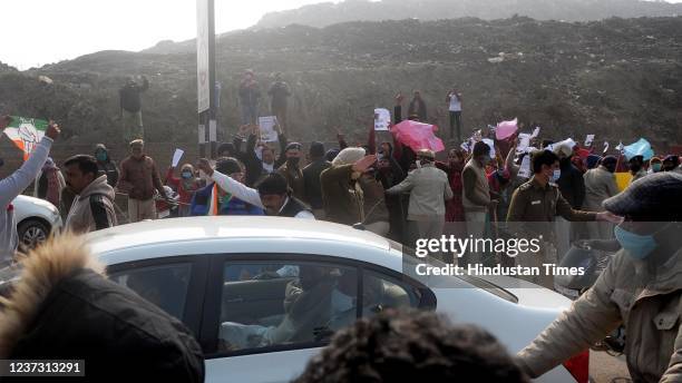 Residents of Village Daddu Majra protest against Former MP Pawan Kumar Bansal, Chandigarh Congress President Subhash Chawala at Dumping ground in...