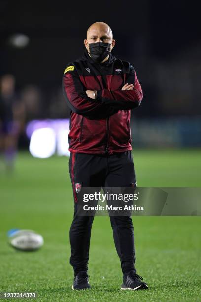 Lyon Head Coach Pierre Mignoni during the EPCR Challenge Cup match between Dragons and Lyon at Rodney Parade on December 17, 2021 in Newport, Wales.