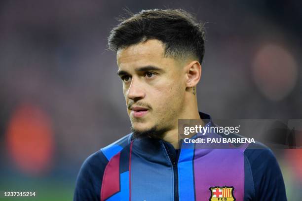 Barcelona's Brazilian midfielder Philippe Coutinho warms up before the Spanish league football match between FC Barcelona and Elche CF at the Camp...