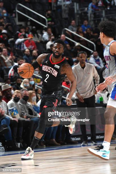 David Nwaba of the Houston Rockets dribbles the ball during the game against the Detroit Pistons on December 18, 2021 at Little Caesars Arena in...