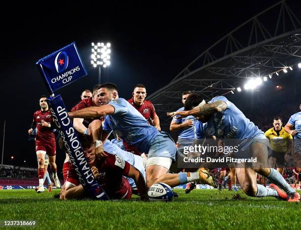 Limerick , Ireland - 18 December 2021; Jack ODonoghue of Munster goes over to score his side's first try during the Heineken Champions Cup Pool B...