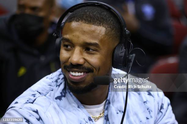 Actor Michael B. Jordan is interviewed on TV during a game between the Howard Bison and North Carolina A&T Aggies in the Legacy Classic HBCU...