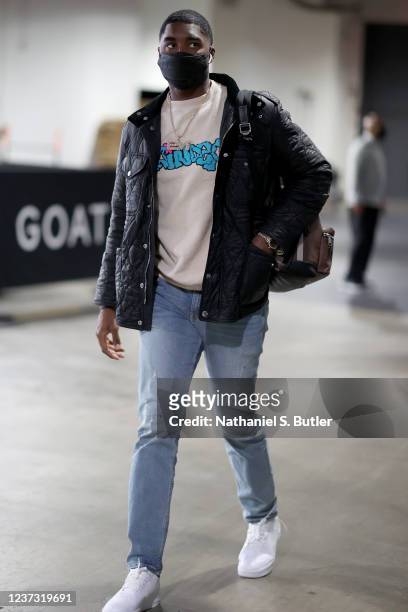 Twaun Moore of the Orlando Magic arrives to the arena before the game against the Brooklyn Nets on December 18, 2021 at Barclays Center in Brooklyn,...