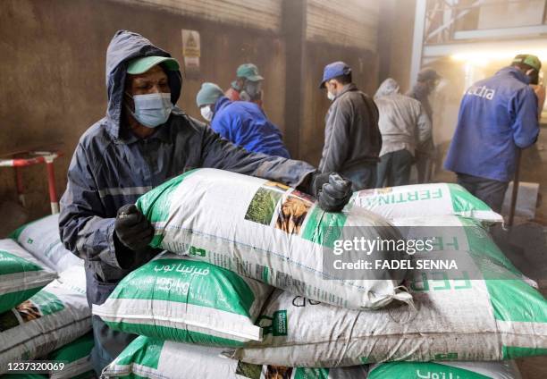 Workers fill bags with fertilizer in the Elephant Vert factory in the "Agropolis" industrial zone in Morocco's northern city of Meknes, on December...