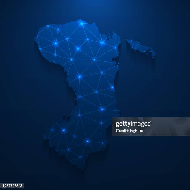 chios map network - bright mesh on dark blue background - aegean sea stock illustrations