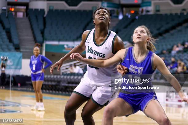 Cleveland State Vikings forward Amele Ngwafang looks to rebound against Ohio Christian Trailblazers guard/forward Emma Koons during the third quarter...