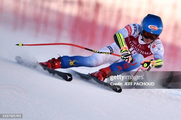 Mikaela Shiffrin competes in the Women's Super-G event at the FIS Alpine skiing World cup in Val-d'Isere in the French Alps, eastern France on...
