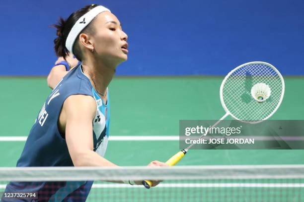 Taiwan's Tai Tzu-ying hits a shot to Japan's Akane Yamaguchi during the women's singles final badminton match of the BWF World Championships in...