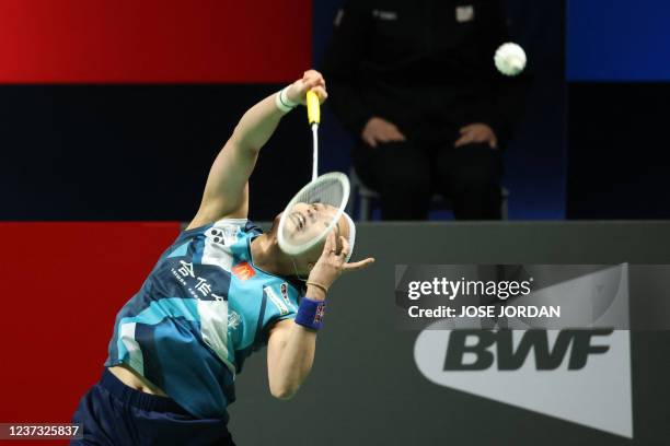 Taiwan's Tai Tzu-ying hits a shot to Japan's Akane Yamaguchi during the women's singles final badminton match of the BWF World Championships in...