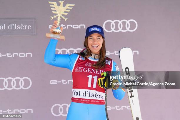 Elena Curtoni of Team Italy takes 3rd place during the Audi FIS Alpine Ski World Cup Women's Super G on December 19, 2021 in Val d'Isere France.