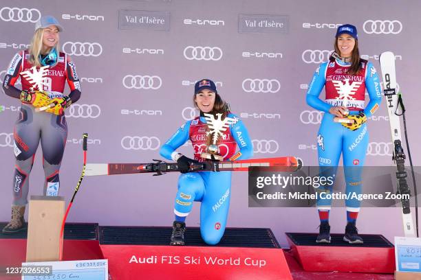 Ragnhild Mowinckel of Team Norway takes 2nd place, Sofia Goggia of Team Italy takes 1st place, Elena Curtoni of Team Italy takes 3rd place during the...