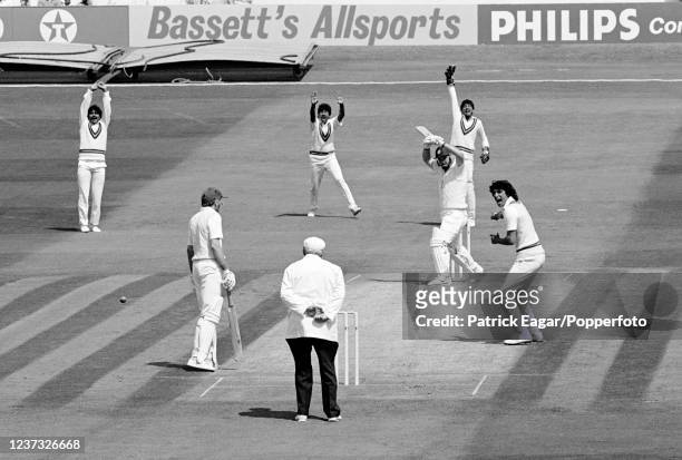 England captain Mike Gatting is out LBW for 8 runs to Wasim Akram of Pakistan during the 3rd Test match between England and Pakistan at Headingley,...