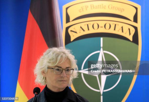 German Defence Minister Christine Lambrecht speaks during a joint press conference with Lithuania's Minister of National Defence after meeting the...