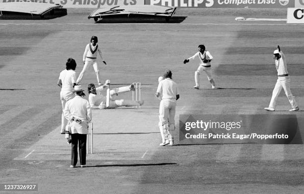 Ian Botham of England is bowled off his feet by a yorker from Wasim Akram of Pakistan during the 3rd Test match between England and Pakistan at...