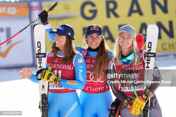 Elena Curtoni of Team Italy takes 3rd place, Sofia Goggia of Team Italy takes 1st place, Ragnhild Mowinckel of Team Norway takes 2nd place during the...
