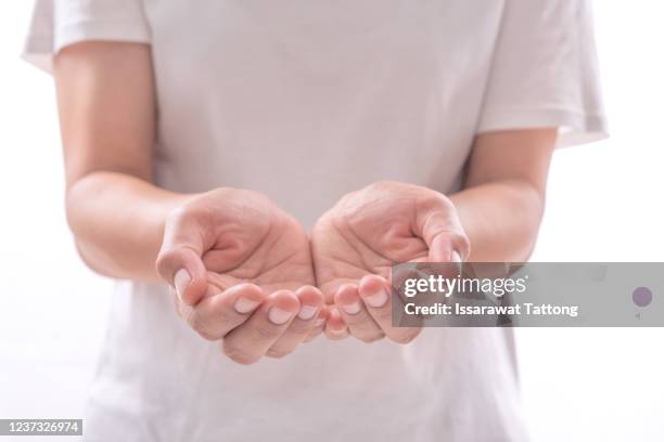 empty two hands on white background. - mano abierta fotografías e imágenes de stock