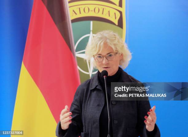 German Defence Minister Christine Lambrecht speaks during a joint press conference with Lithuania's Minister of National Defence after meeting the...