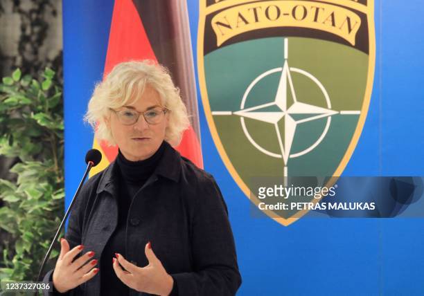 German Defence Minister Christine Lambrecht speaks during a joint press conference with Lithuania's Minister of National Defence after meeting the...