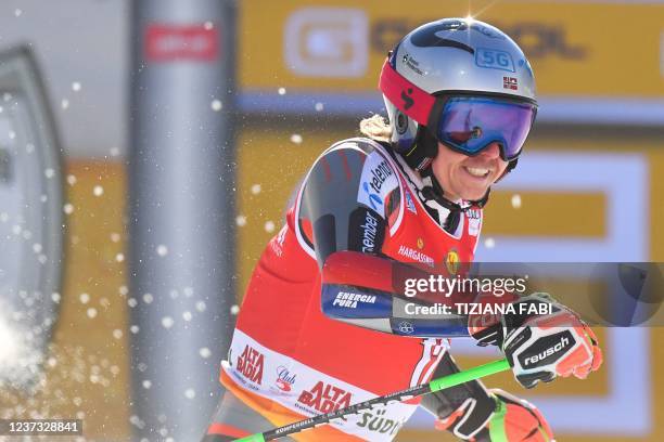 Norway's Henrik Kristoffersen reacts after competing in the second run of the men's FIS Ski World Cup Giant Slalom event in Alta Badia, Dolomite...