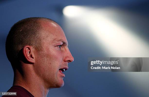 Darren Lockyer of the Broncos talks to the media during the 2011 NRL Finals Captains Call at Sydney Football Stadium on September 5, 2011 in Sydney,...