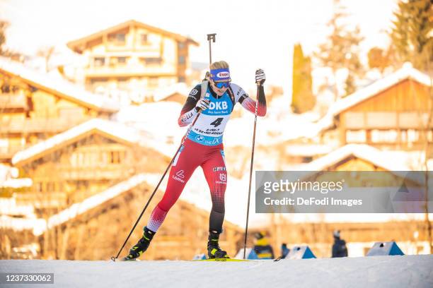 Lisa Theresa Hauser of Austria in action competes during the Pursuit Women at the IBU World Cup Biathlon Annecy Le Grand Bornand on December 18, 2021...
