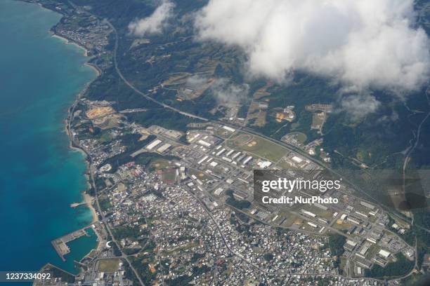 An aerial view of US Marine Corps Camp Hansen in Kin on December 12, 2021 in Okinawa, Japan. About 70% of the whole US military facilities in Japan...