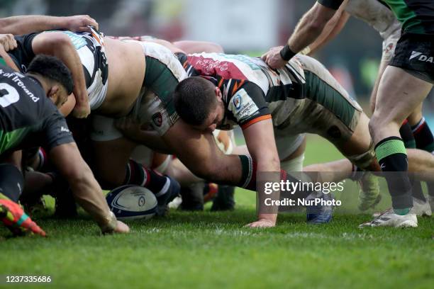General view during play as George Martin of Leicester Tigers plays his part in a scrum during the European Champions Cup match between Leicester...