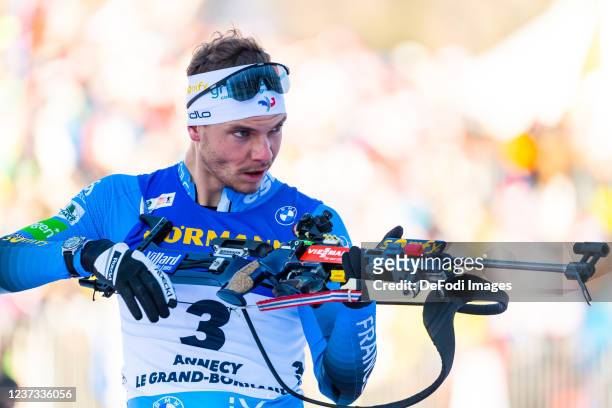 Emilien Jacquelin of France at the shooting range during the Mass Men at the IBU World Cup Biathlon Annecy Le Grand Bornand on December 19, 2021 in...