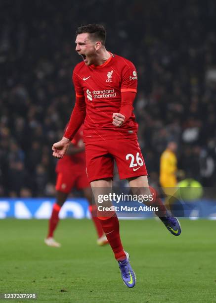 Andrew Robertson of Liverpool celebrates scoring their 2nd goal during the Premier League match between Tottenham Hotspur and Liverpool at Tottenham...