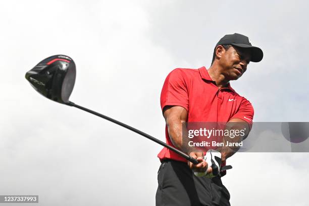 Tiger Woods takes a practice swing on the third tee box during the final round of the PGA TOUR Champions PNC Championship at Ritz-Carlton Golf Club...