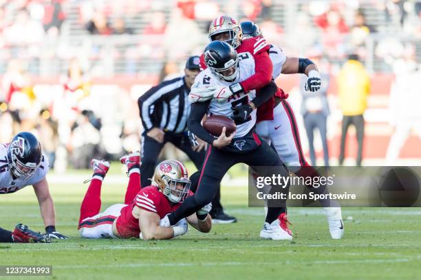 San Francisco 49ers Defensive End Arden Key sacks Atlanta Falcons Quarterback Matt Ryan during the NFL football game between the Atlanta Falcons and...