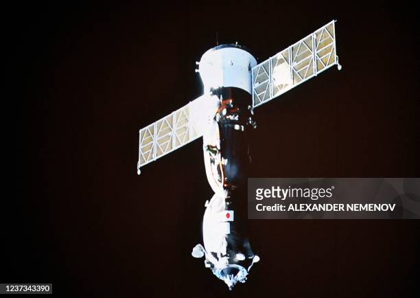 Soyuz MS-20 space craft is seen on a monitor after undocking from the the International Space Station , starting the landing of the International...