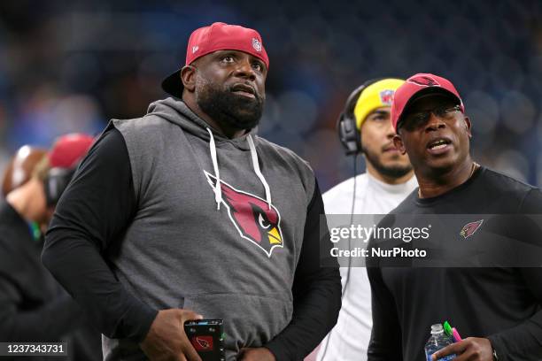 Arizona Cardinals defensive line coach Brentson Buckner follows the play during the first half of an NFL football game against the Detroit Lions in...