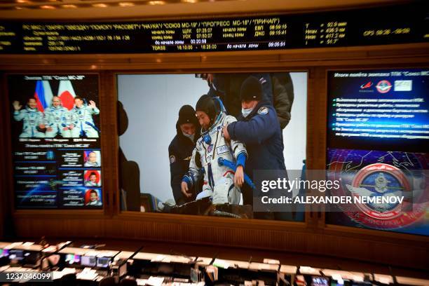 Screen shows Japanese billionaire Yusaku Maezawa shortly after the landing of the Soyuz MS-20 capsule in a remote area outside Zhezkazgan in the...