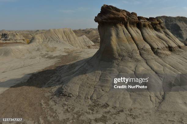 Mysterious hoodoos 'Sleeping Giants' at the Dinosaur Provincial Park, a UNESCO World Heritage Site. On Thursday, 7 October 2021, in Iddesleigh near...