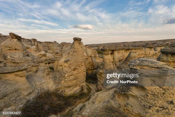 Hoodoos in the Writing-on-Stone Provincial Park. On Wednesday, 6 October 2021, in Milk River, Alberta, Canada.