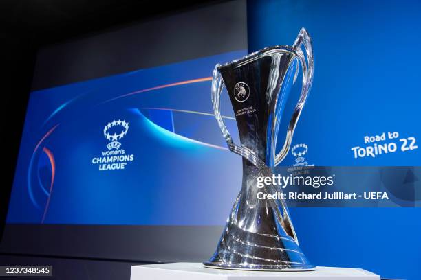 View of the UEFA Women's Champions League trophy during the UEFA Women's Champions League 2021/22 Quarter-finals Draw at the UEFA headquarters, The...