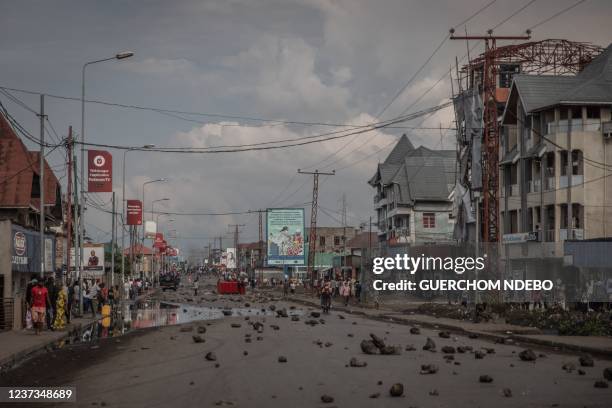 General view of National Road No. 2 barricaded with stones to block traffic during a demonstration in Goma, eastern Democratic Republic of Congo, on...