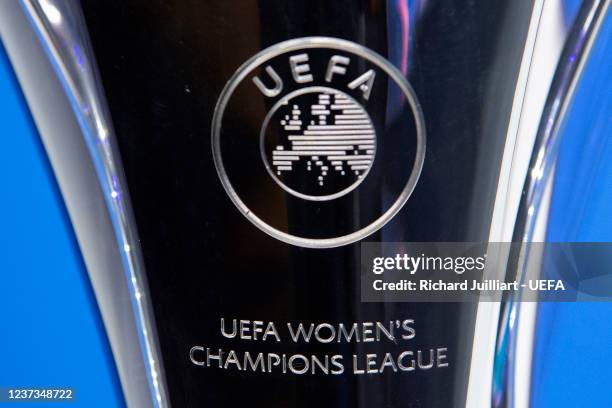 View of the UEFA Women's Champions League trophy during the UEFA Women's Champions League 2021/22 Quarter-finals Draw at the UEFA headquarters, The...