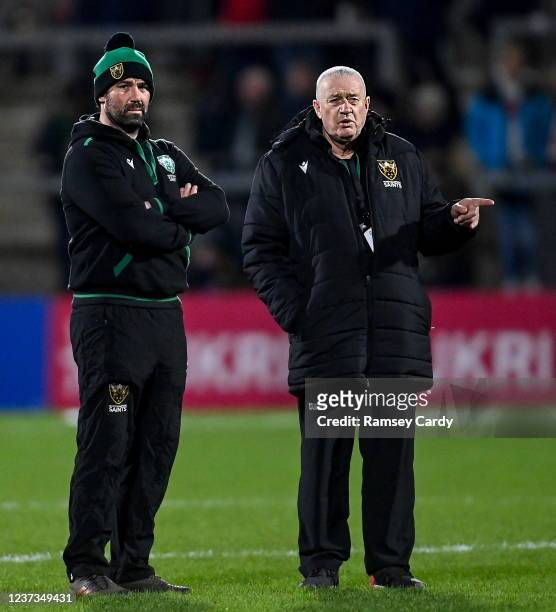 Antrim , United Kingdom - 17 December 2021; Northampton Saints head coach Chris Boyd, right, and defence coach Ian Vass before the Heineken Champions...