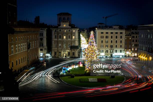View of the Christmas tree on Piazza Venezia from above the Altar of the Fatherland in Rome, Italy on December 19, 2021.