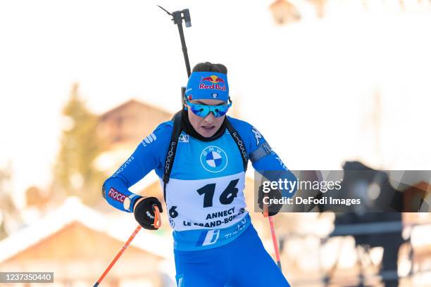 Dorothea Wierer of Italy in action competes during the Mass Women at the IBU World Cup Biathlon Annecy Le Grand Bornand on December 19, 2021 in...