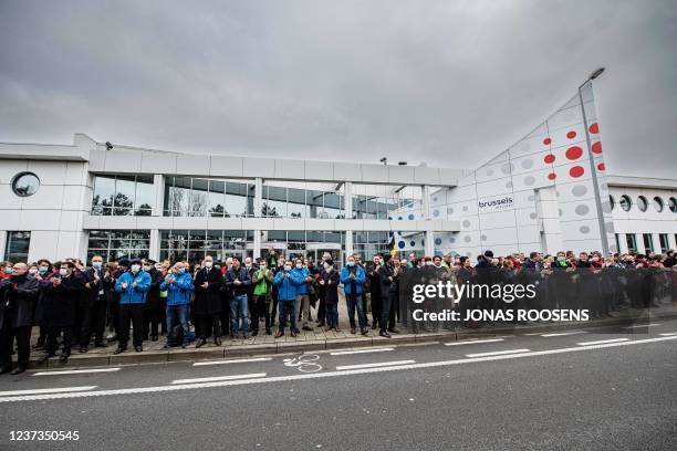 Pilots and cabin crew members participate in a 24 hour-strike of the flying staff of Belgium's national carrier Brussels Airlines at the head office...