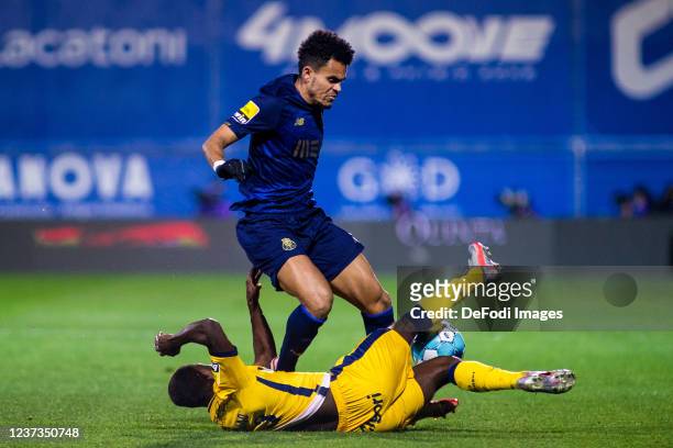 Luis Diaz of FC Porto and Koffi Kouao of FC Vizela battle for the ball during the Liga Portugal Bwin match between FC Vizela and FC Porto at the...